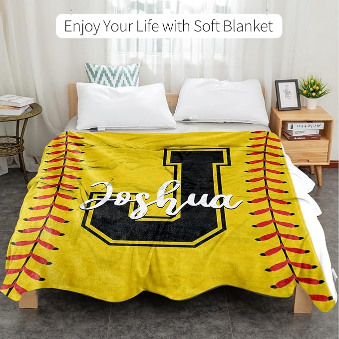 Personalized Softball Kids Blanket with Name and Number - Custom Sport Bed Blankets Gift for 0-3 Months Baby Essential and Warm 40x50inch