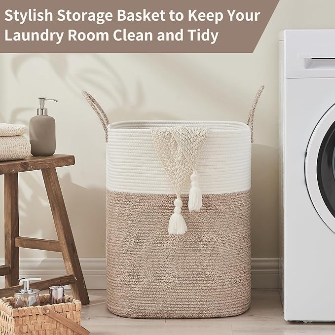 Laundry Basket with Handles - Blanket Basket & Hampers for Bedroom Aesthetic, Laundry Hamper & Blanket Storage for Living Room, Clothes Hamper, Tall, Large 17" x 14" x 26”, White & Rice Brown