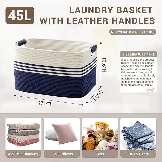 45L Small Laundry Basket with Leather Handles for Living Room Storage, Woven Rope Baskets Bin for Blanket, Kids Toy, Gifts, Wicker Hamper for Bedroom Dirty Clothes, 18"x14"x11" White Navy