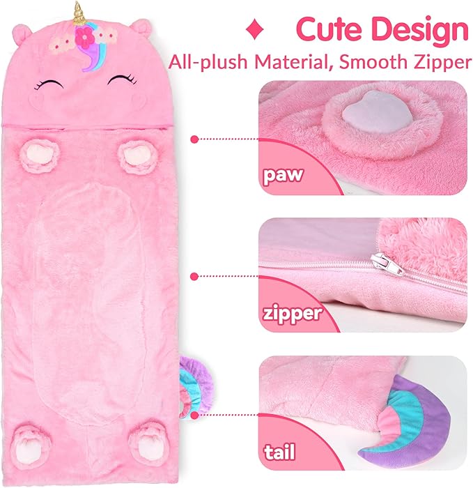 iPlay, iLearn Kids Unicorn Sleeping Bag, Toddler Girl Nap Mat, Plush Animal Slumber Bag 2 In 1 Pink Pillow Daycare Preschool Kindergarten Birthday Gift Travel Sleepover 3 4 5 6 7 8 10 12 Yr Child Teen