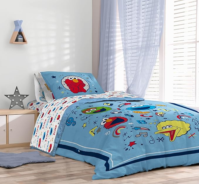 Sesame Street Full Comforter Set – 7 Piece Kids Bedding Includes Comforter, Sheets & Pillow Cover – Super Soft Microfiber Bed Set with Elmo, Cookie Monster and Big Bird