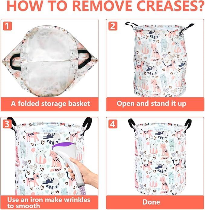 KUNRO Round Cat Laundry Gift Basket Storage Hamper, Kids Toys and Clothes Storage Organizer Bins, Toy Shelf Basket with Handles for Room Decor