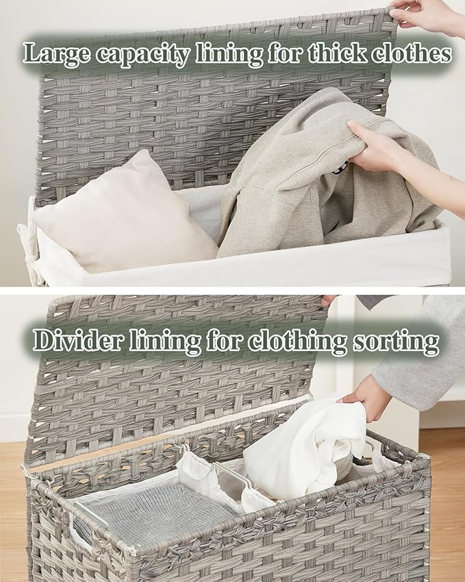 Laundry Hamper with Lid Wicker Laundry Basket 112 L (29.6 Gal) Laundry Hampers Handwoven Rattan Clothes Hamper with Handles 3 Removable Liner Bag, 6 Mesh Bags for Bathroom Bedroom Gray