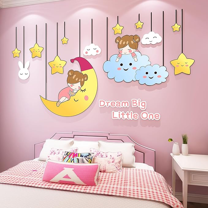 3D Stars Moon Wall Stickers for Girls Room Decor Wall Decals Peel and Stick for Girls Bedroom Large Pink Princess Pictures Kids Murals Wallpaper Art Inspirational Decor for Nursery Toddler