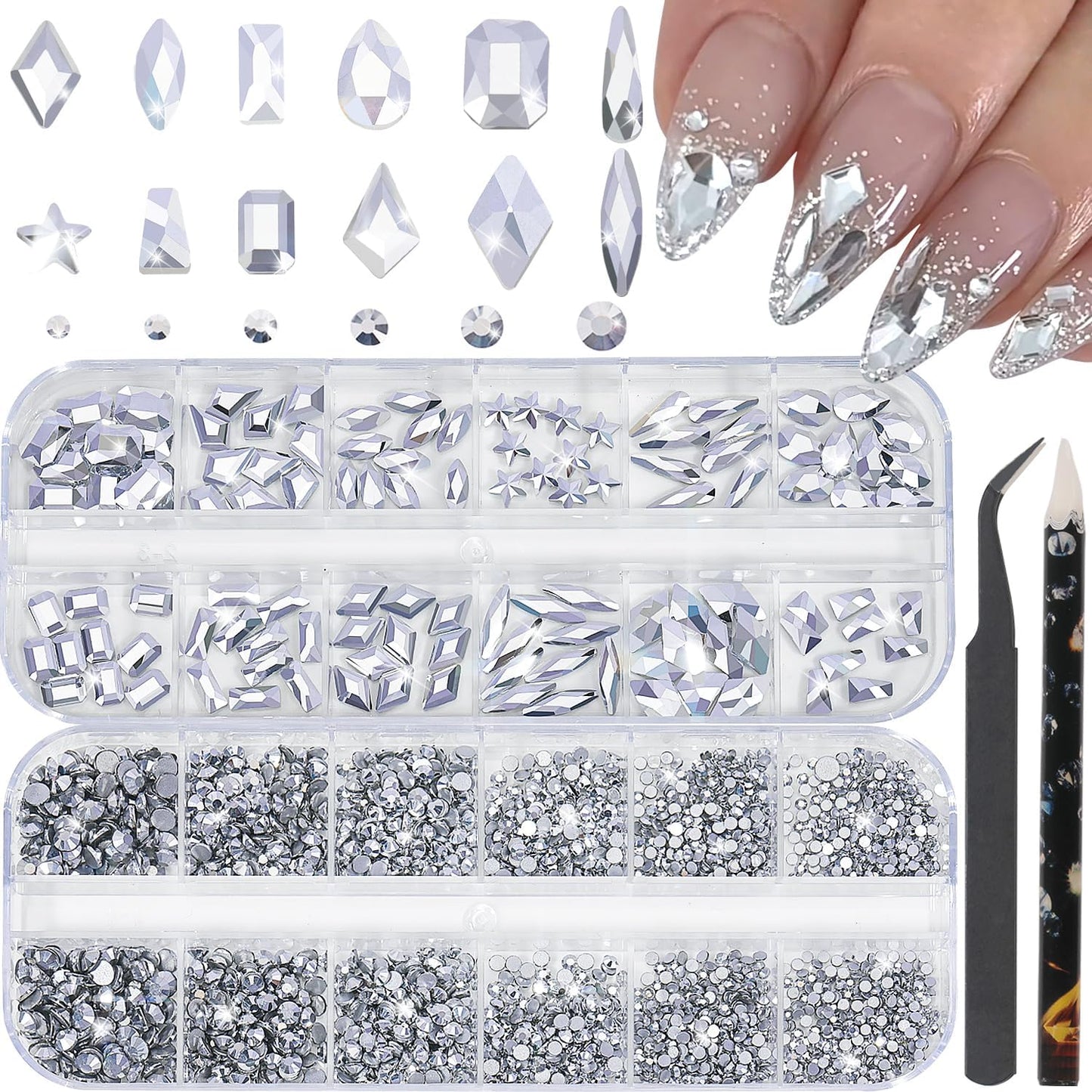 Nail Rhinestones - 3D Multi Shape Size, Flat Back, Manicure Rhinestones Charms, Crystal Silver Gems, with Kit, for Nail Art, Bedazzling Acrylic Nails, DIY Decor