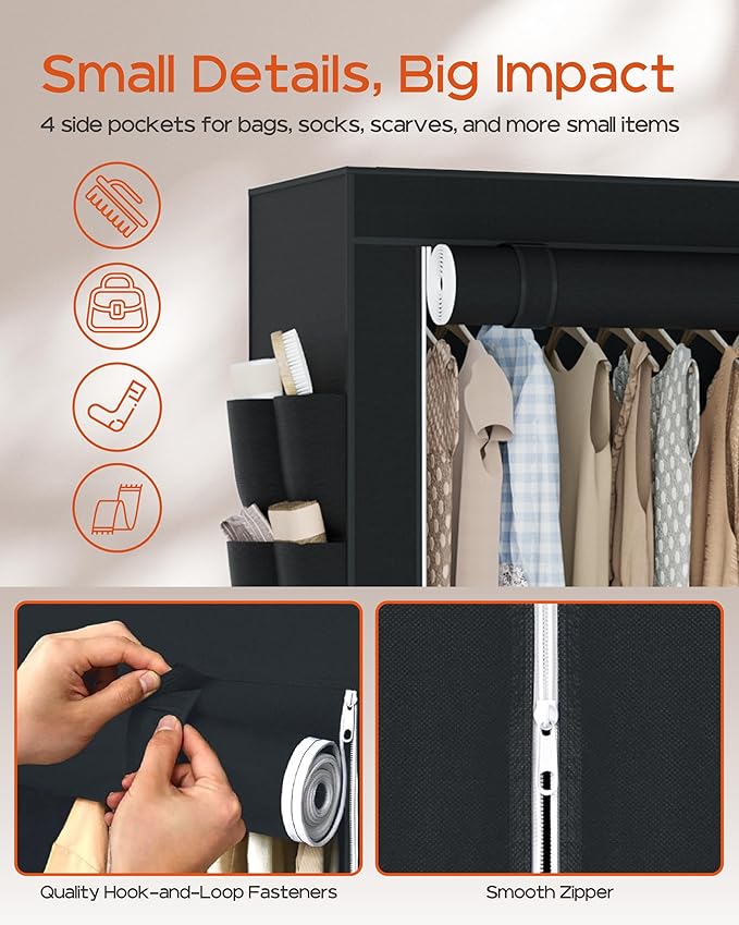 Portable Closet, 81.1 Inch Extra Large Capacity Wardrobe Closet with Cover, Clothes Storage Organizer with Shelves and 3 Hanging Rods, Easy to Assembly, Black PCT133B01