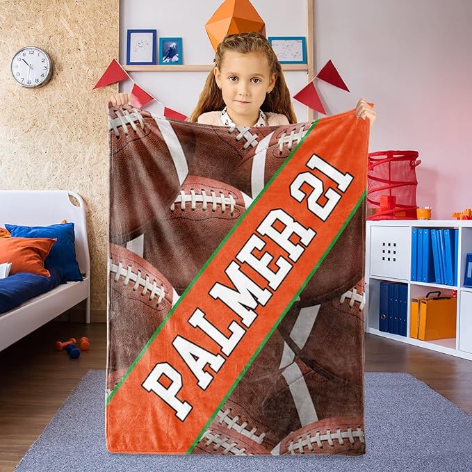 Personalized Football Baby Blanket Gifts: Custom Soft Flannel Fabric Blankets with Name Number for 0-6 Years Kids Boys Girls - Warm and Comfortable(30X40inch)