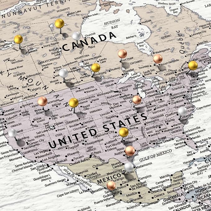 ElephantStock - Personalized Leave A Trail Iii Push Pin World Map Wall Art - Horizontal Canvas Wall Art - Living Room Wall Decor - Digital Art Map Canvas Art - White And Gray Decor - 36" x 24"