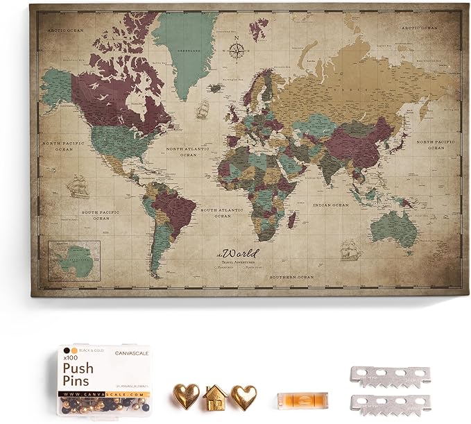 Canvas World Map with Cork Pin Board - English Lettering - Decorative Wall Decoration for All Rooms - Canvas Pictures with World Map Motif (120x80 cm, Pattern 12)