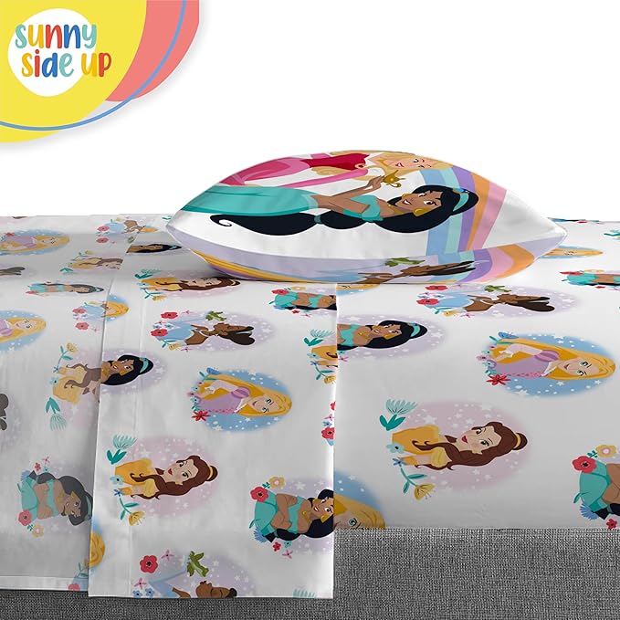 Sunny Side Up Disney Princess Twin Comforter Set - 5 Piece Kids Bedding Includes Comforter, Sheets & Pillow Cover - Super Soft Rainbow Stars Microfiber Bed Set
