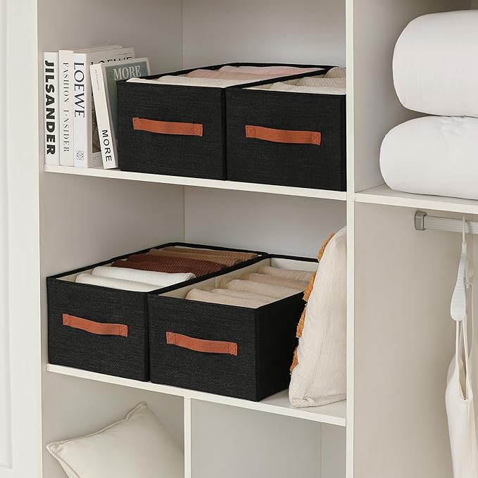 linen closet organizers and storage, 3 Pack Large Storage Baskets, Washable, Clothing Storage Bins with Handle, Closet Organizer for Storage Sweater,Sheets (Black, 18½"x11"x8½")