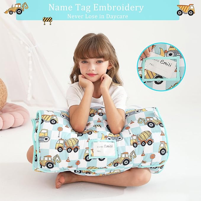Toddler Nap Mat for Preschool 50''x30'' Sleeping Mat with Removable Pillow and Minky Blanket for Kids Ages 3-7 Roll Up Soft Sleeping Bag for Boys Girls Kindergarten Daycare Sleepover