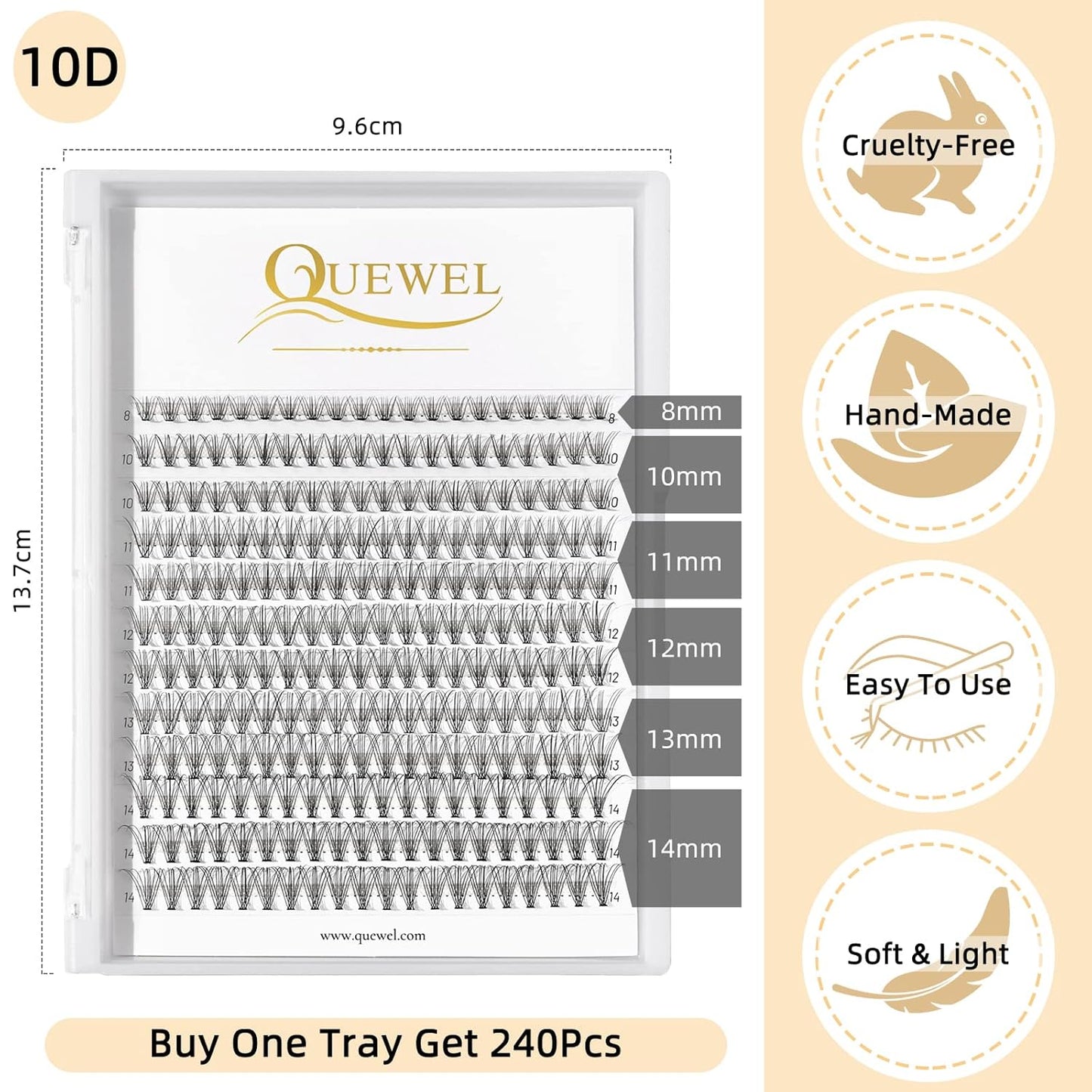 QUEWEL Lash Clusters 240Pcs Cluster Lashes 10D 0.10D Curl Mix8-14mm Individual Lashes Soft&Comfortable DIY Eyelash Extension at Home(10D 0.10D MIX8-14)