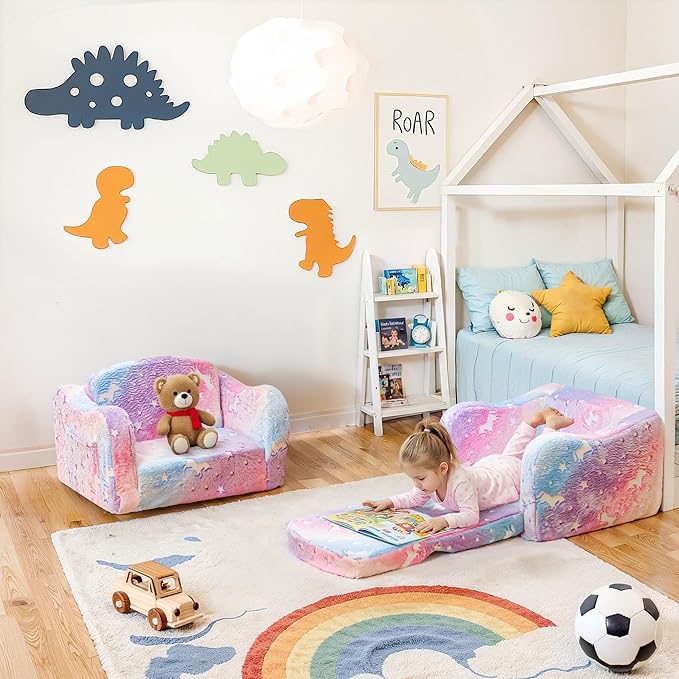 Lamerge 2-in-1 Toddler Couch,Glow in The Dark Baby Floor Bed,Foldable Toddler Chair Kids Sofa for playroom,Convertible Sofa to Lounger for Girls and Boys (Pink and Clouds)