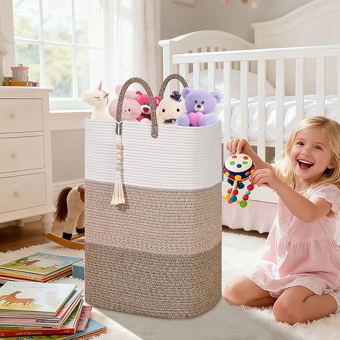 Woven Laundry Basket for Clothes,65 L Large Rectangle Laundry Hampers with Beads Tassel, Nursery Storage Basket for Toys, Tall Dirty Clothes Hamper for Bedroom Aesthetic, Laundry Room Organization