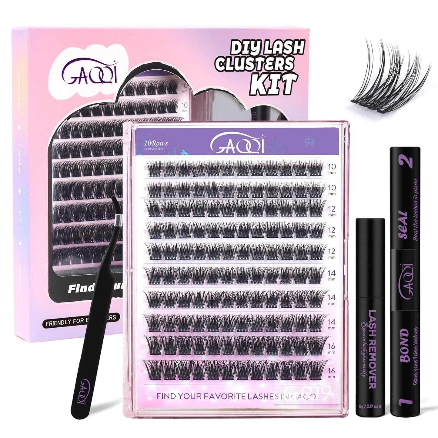 GAQQI Lash Clusters Kit, DIY Lash Extension Kit 120PCS Cluster Lashes C Curl, Wispy Eyelash Clusters 10-16MM with Lash Bond and Seal,Lash Remover and Lash Applicator (GQ19-KIT)