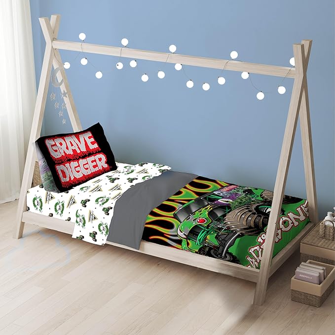 Sunny Side Up Monster Jam Toddler Comforter Set - 4 Piece Preschool Bedding Includes Comforter, Sheets & Pillow Cover - Super Soft Trucks Microfiber Bed Set