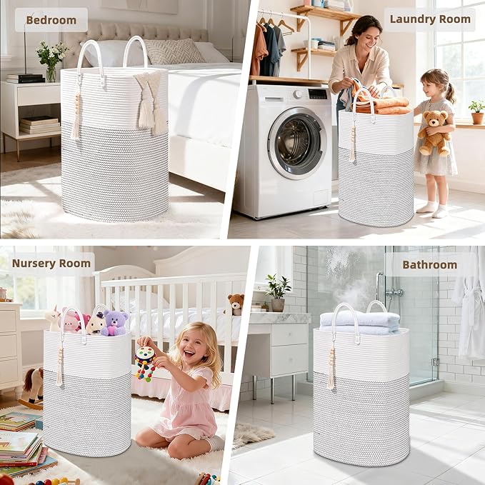 Woven Laundry Basket for Clothes, 80L Large Rectangle Laundry Hampers with Beads Tassel, Nursery Storage Basket for Toys, Tall Dirty Clothes Hamper for Bedroom Aesthetic, Laundry Room Organization