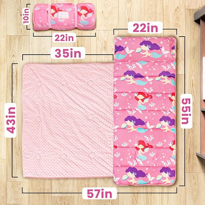 Toddler Nap Mat with Pillow and Minky Blanket, Large 55"x35" Sleeping Bag, Washable, Lightweight, Easy to Roll, Perfect for Preschool, Daycare, Kindergarten, Travel, Boys and Girls(Mermaid)