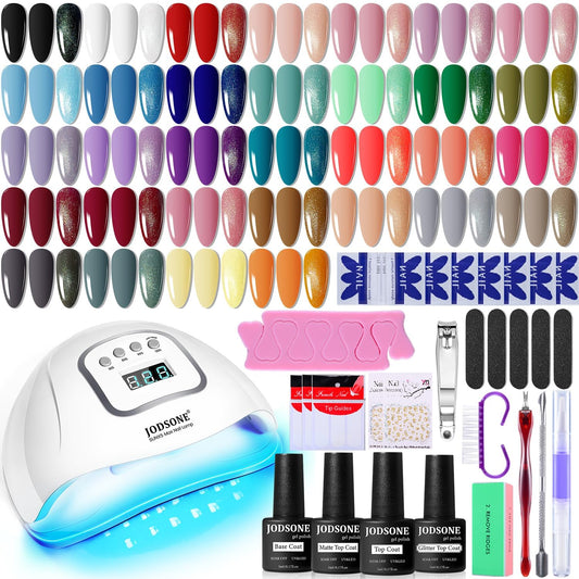 JODSONE Gel Nail Polish Kit with U V Light 32 Colors Gel Polish Nail + 4 Functional Adhesive Bottles Kit Soak Off Manicure Tools Gifts for Women