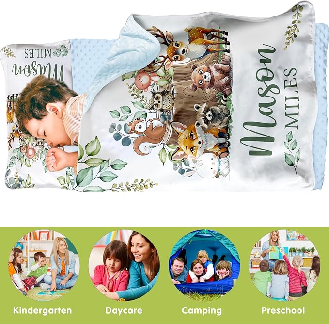 Personalized Toddler Nap Mats for Preschool, Custom Name Kids Sleeping Bag for Daycare, Roll Up Sleeping Mat with Removable Pillow and Soft Dot Minky Blanke for Boys Camping Travel