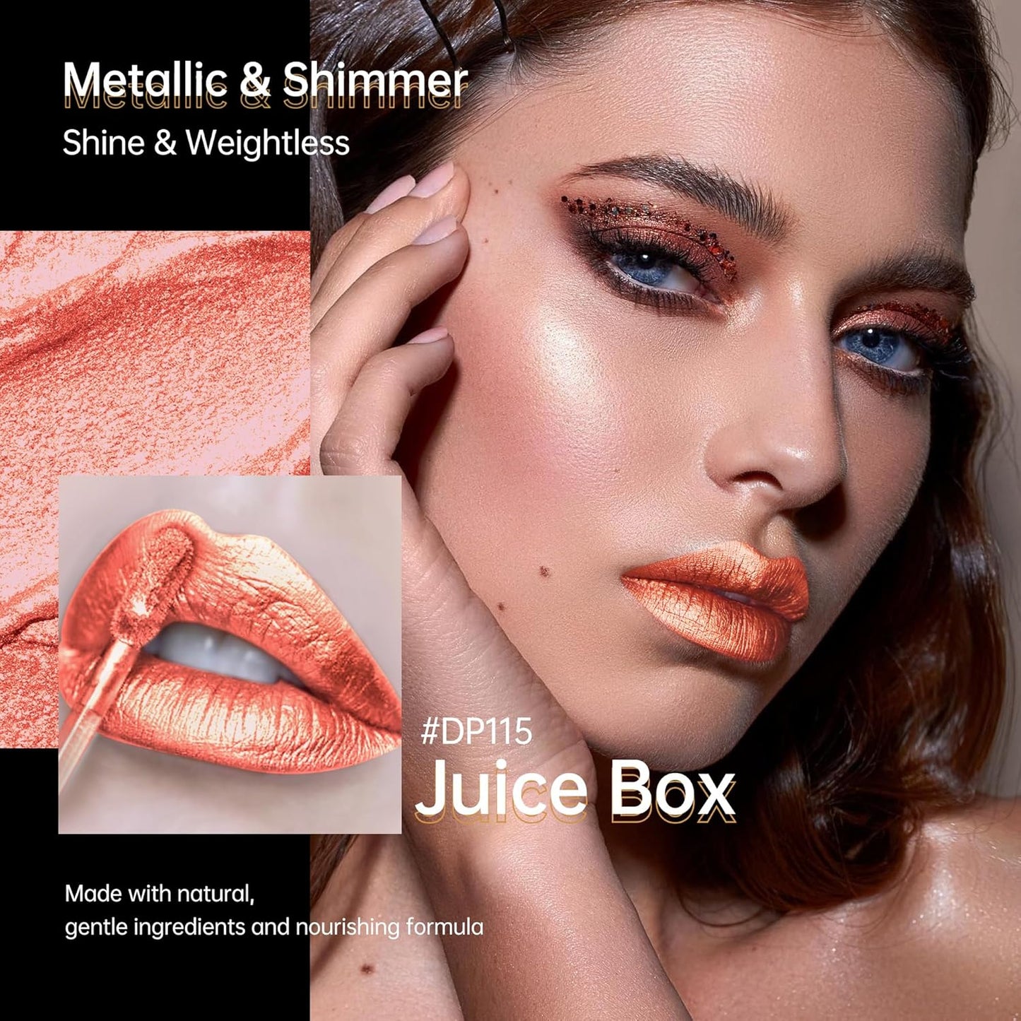 Peach Red Lipsticks for Women Metallic Lipstick Long Lasting Non Stick Cup Lip Gloss, Shimmer Lightweight Hydrating Full Coverage Lip Color, DP115 Juice Box