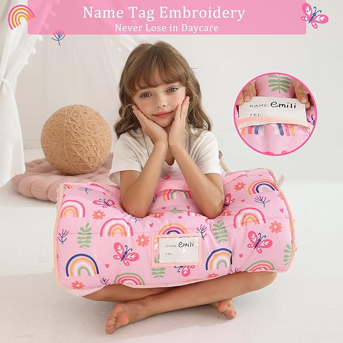 Toddler Nap Mat for Preschool 50''x30'' Sleeping Mat with Removable Pillow and Minky Blanket for Kids Ages 3-7 Roll Up Soft Sleeping Bag for Boys Girls Kindergarten Daycare Sleepover