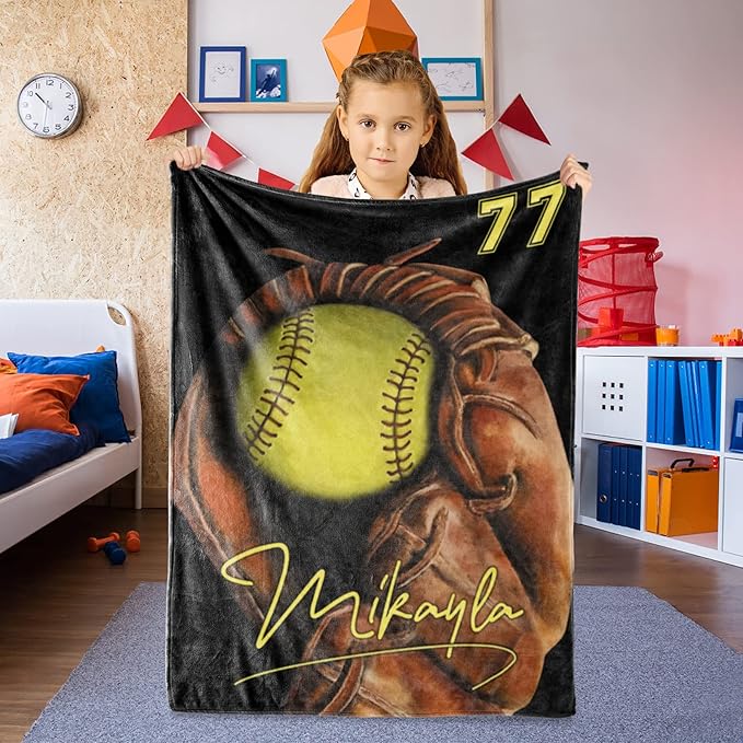 Personalized Baby Softball Blanket: Custom Bedding for Kids Soft Ball Throw Blankets - Perfect Newborn Gift Infant Swaddling Blanket with Name 40x50inch