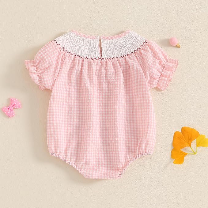 Baby Girl Smocked Western Romper Short Sleeve Bubble Rompers Summer Clothes Plaid Print Embroidery Bow Bodysuit Tops