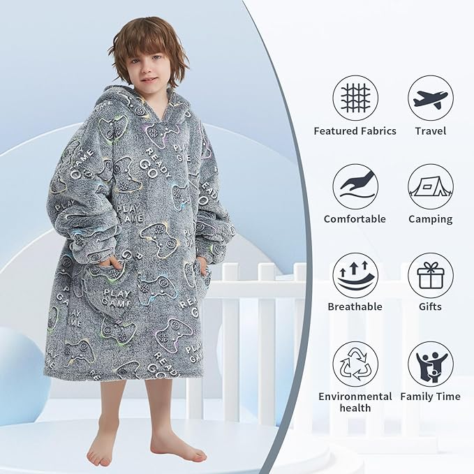 Fiosnow Glow in the Dark Game Controller Blanket Hoodies for Kids 6-13YR Oversize Wearable Blanket Hoodies for Boys Girls Teens