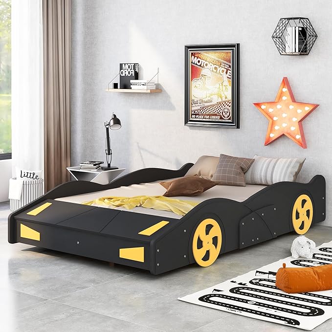 SOFTSEA Full Car Shaped Bed Frame with Storage for Boys Car Bed Frame with Storage, Wood Race Car Platform Bed with Wheels, No Box Spring Required, Black+Yellow