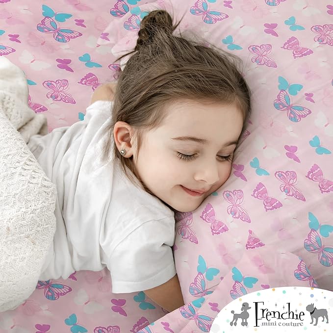 Frenchie Mini Couture, 2-Piece Kids Twin Sheets Set, 100% Woven Cotton, Deep Pocket Bed Sheet 39 x 75 x 15in + Pillowcase 20 x 30, Butterfly (Pink)