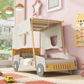 Merax Car Shaped Platform Bed for Kids Twin Size, Solid Wood Bed Frame with Back Cushion & Ceiling Cloth, for Boys Girls Teens, Natural