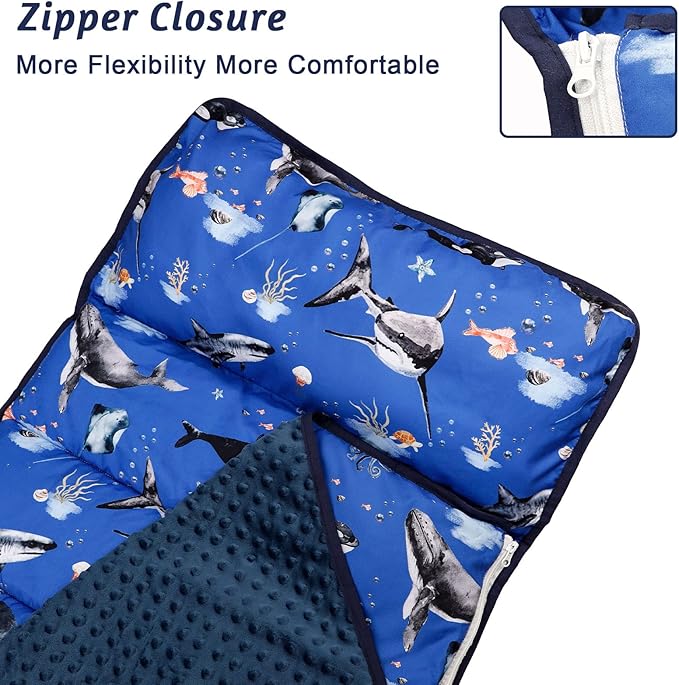 Toddler Nap Mat with Removable Pillow and Soft Dot Minky Blanket, Pea Pod Kids Shark Napping Mats Extra Large Rolled Slumber Bags for Boys Preschool, Daycare, Camping, 22.9 x 51.2inches Ages 3-7 Years