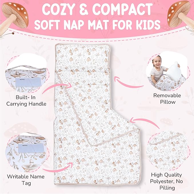 Morxy Toddler Nap Mat with Pillow & Blanket Large Portable Roll Up Nap Mats with Name Tag- Thick Kids Sleep Mat for Daycare, Preschool Travel and Camping for Age 3 and up