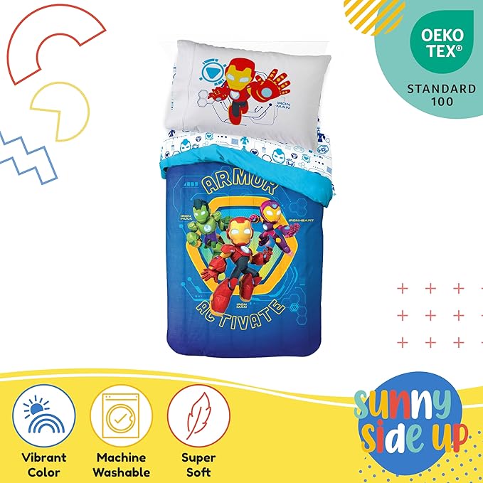 Sunny Side Up Kids Comforter Set Includes Sheets and Pillow Covers - Soft and Cozy Bed Set for Stylish Room Decor, Blue - Iron Man and His Awesome Friends, 4 Piece Toddler Bed Frame Size Bedding
