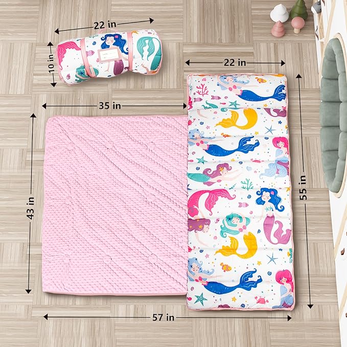 Primlect Thickened Toddler Nap Mat with Removable Pillow and Minky Blanket, Extra Large 55''x35'' Sleeping Bag, Washable, Roll up, Perfect for Daycare, Preschool, Kindergarten, Boys and Girls Mermaid