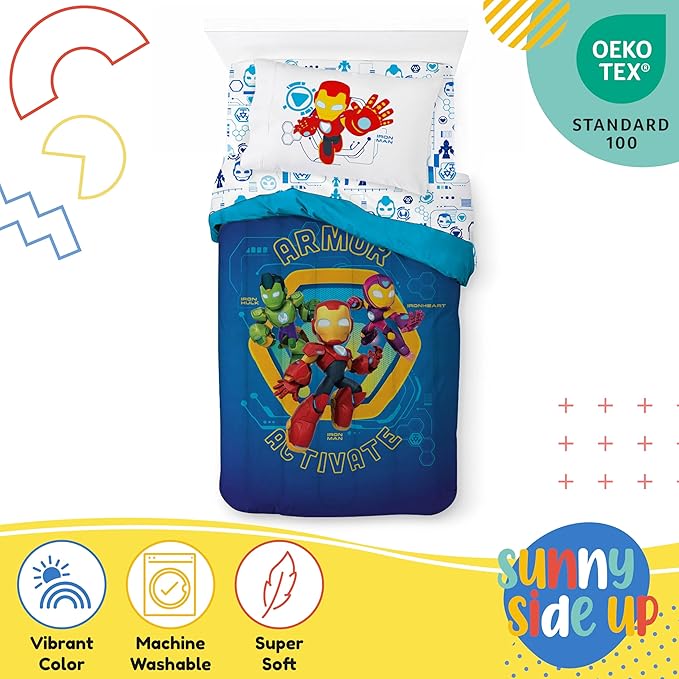 Sunny Side Up Kids Comforter Set Includes Sheets and Pillow Covers - Soft and Cozy Bed Set for Stylish Room Decor, Blue - Iron Man and His Awesome Friends, 5 Piece Twin Size Bedding