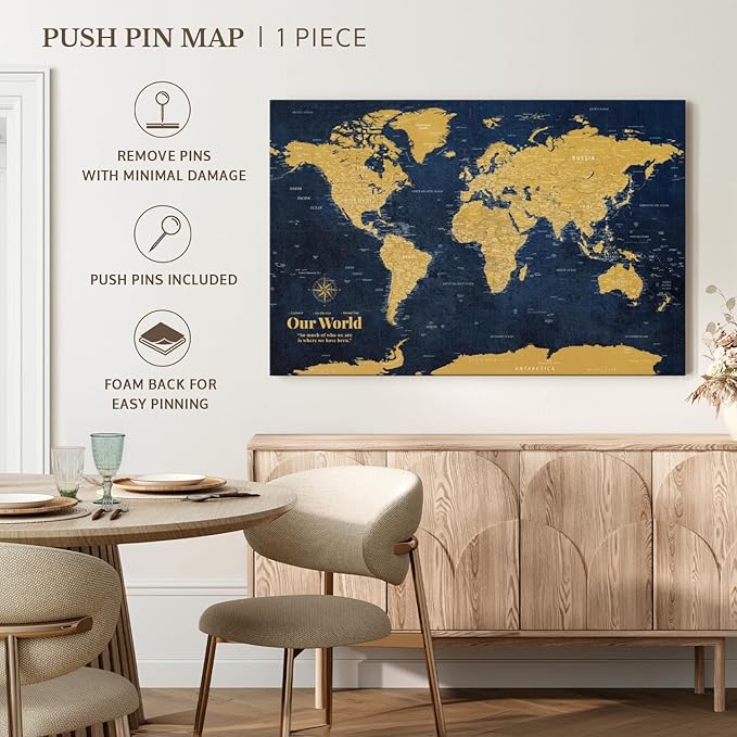 ElephantStock - Personalized Push Pin World Map - Gold Wall Art - Horizontal Canvas Wall Art - Living Room Wall Decor - Digital Art Map Canvas Art - Orange And Blue Decor - 24" x 16"