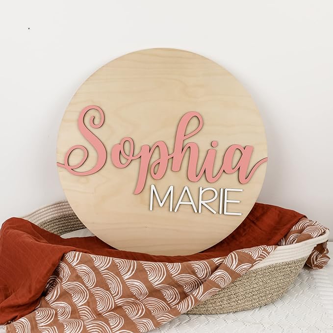 Custom Round Nursery Name Sign, Personalized Wooden Wall Plaque, 12" 18" 24", 30" 3D Wall Art for Children & Kids Rooms, Baby Shower, Hickory Hollow Designs (Sophia Marie)