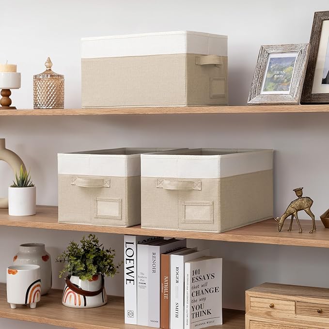 GRANNY SAYS Shelf Storage Baskets, Fabric Storage Bins for Clothes, Closet Storage Boxes with Handles, Collapsible Storage Containers for Bedroom and Living Room, Khaki and Ivory, Large, 3-Pack