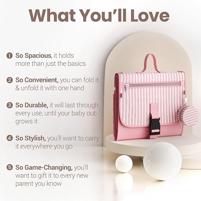 Portable Diaper Changing Pad - Large, Waterproof Travel Changing Pad for Baby with Extra Storage, Wipes Pocket & Pacifier Case - Portable Diaper Changing Station - Pink Striped