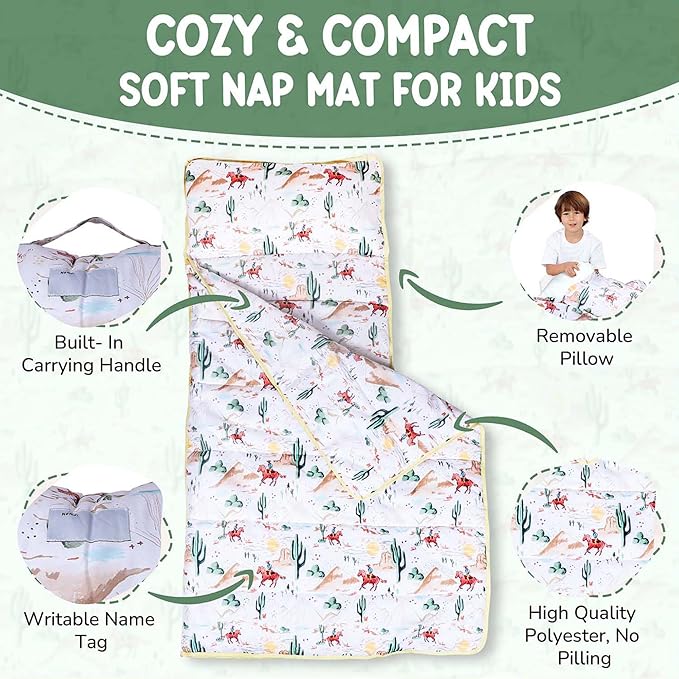 Morxy Toddler Nap Mat with Pillow & Blanket Large Portable Roll Up Nap Mats with Name Tag- Thick Kids Sleep Mat for Daycare, Preschool Travel and Camping for Age 3 and up