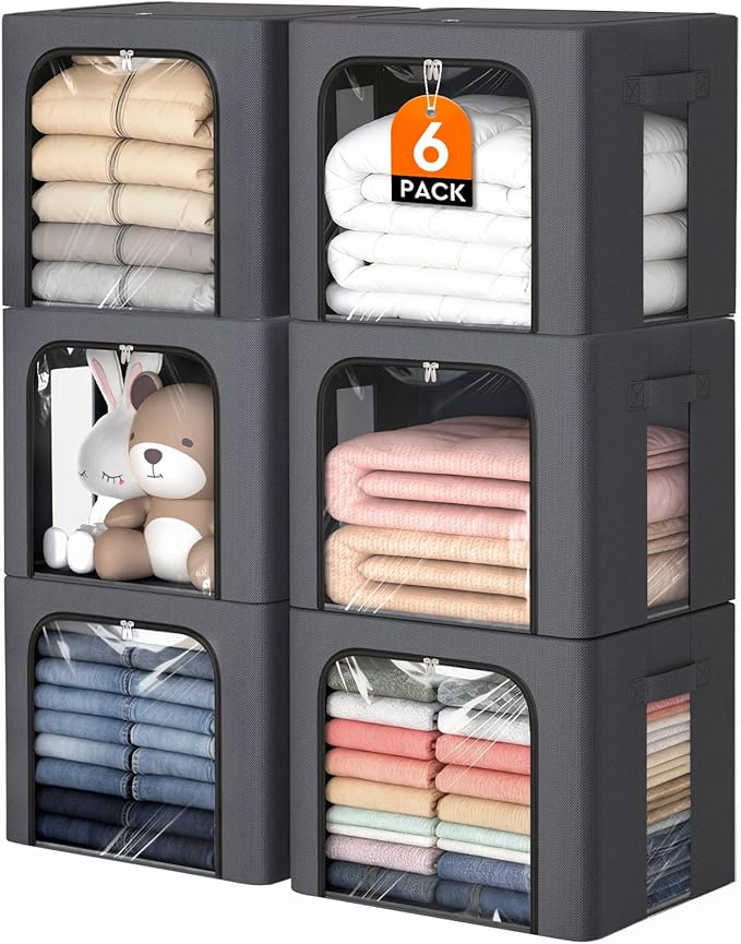 6 Pack Clothes Storage Bins with Metal Frame,40L Storage Bags Fabric Box Organizer with Clear Window,Zippers,Sturdy Handles(6 Pcs,Light Grey,40L)