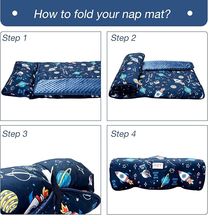 beeweed Toddler Nap Mat, Rollup Design Kid Sleeping Mat with Removable Pillow & Minky Blanket, Toddler Sleeping Bag for Daycare Preschool Travel Camping
