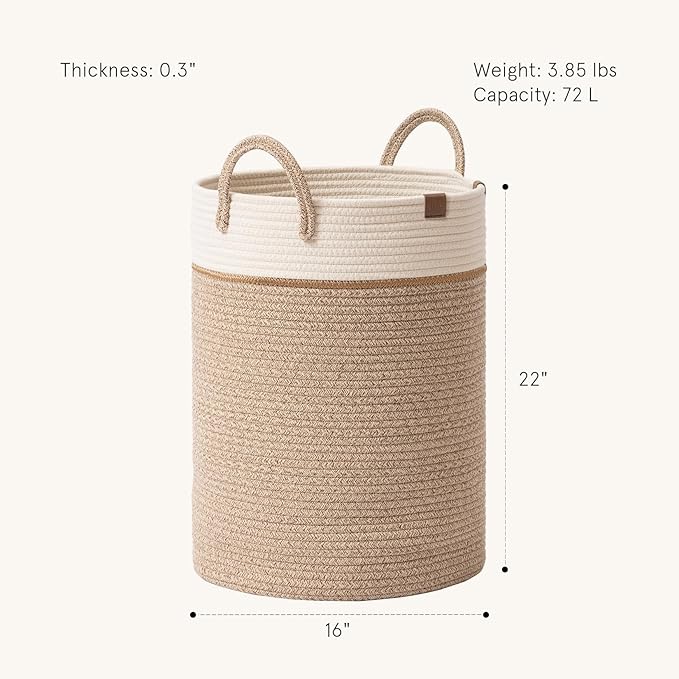 LA JOLIE MUSE Woven Rope Storage Baskets - Tall Cotton Laundry Basket, Kids Toy & Nursery Clothes Hamper - XL