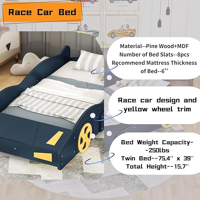 SOFTSEA Twin Car Shaped Bed Frame Modern Car-Shaped Platform Bed with Storage Headboard and Wheels, Wood Twin Platform Bed with Storage for Kids Boys, No Box Spring Needed, Blue+Yellow