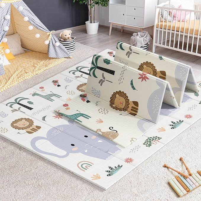 79x71 Extra Large Baby Play Mat for Floor, Foldable Foam Playmat for Babies 0-12 Months & Kids, Non-Toxic Waterproof Baby Mat for Floor, Thick Playpen Mat for Tummy Time Crawling