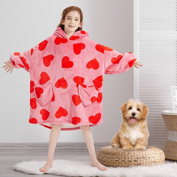 Fiosnow Love Print Blanket Hoodies for Kids 6-13YR Oversize Wearable Blanket Hoodies for Boys Girls Teens