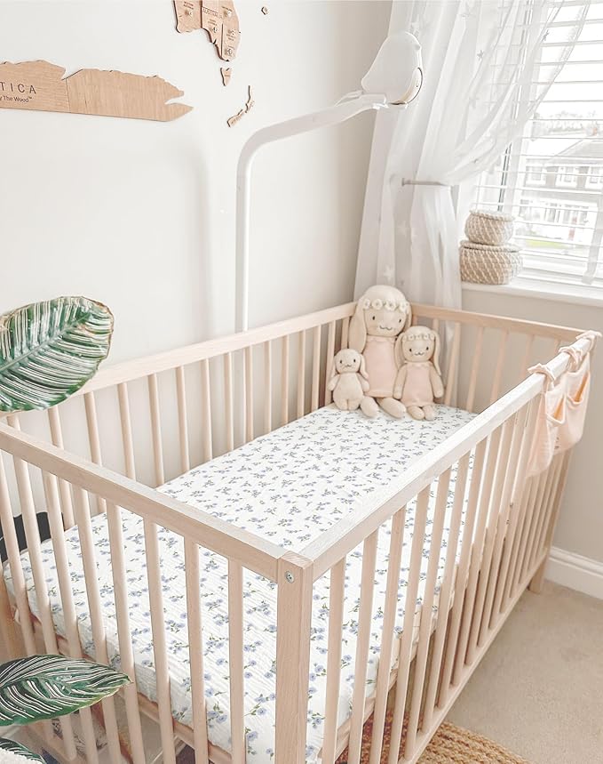 Pack and Play Sheets for Baby Boy and Girl 2 Pack, Neutral Muslin Cotton Pack N Play Mattresses Sheet 27"x39", Muslin Nursery Bedding Soft and Breathable Comfort (Bluebell Bloom & Light Blue)